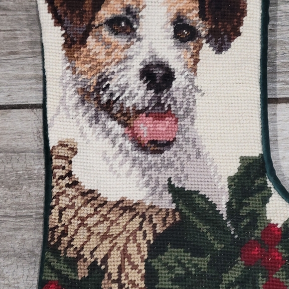 Wool monogrammed Jack Russell Terrior needlepoint Christmas stocking poinsetta - Picture 6 of 12